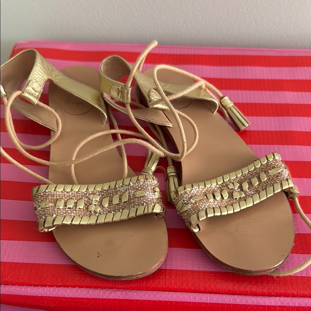 Jack Rogers Gold Sandals with Crisscross Straps and Metallic Fringe